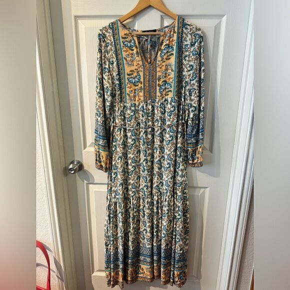 Hey Samy Smock Midi Dress In Blue & Mint Mixed Floral Printed Size M - Picture 3 of 12